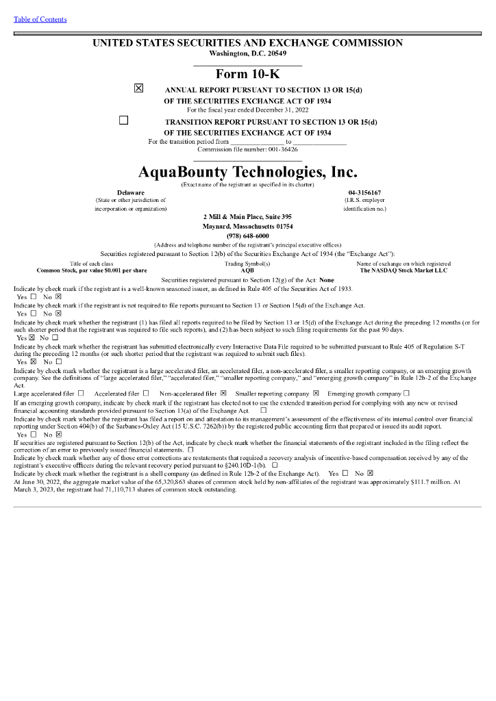 AquaBounty Technologies, Inc.（AQB）2022财年年度报告（英文版）