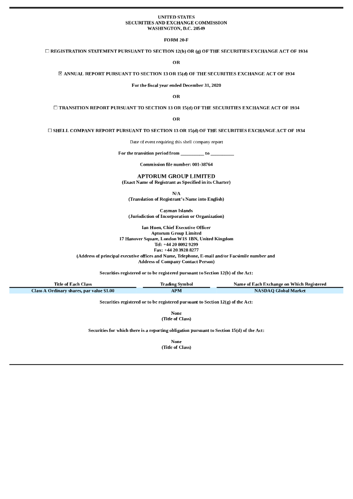 Aptorum Group Limited（APM）2020财年年度报告（英文版）