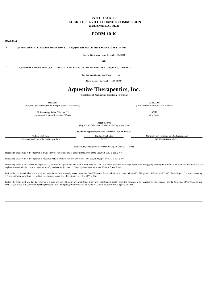 Aquestive Therapeutics, Inc.（AQST）2022财年年度报告（英文版）