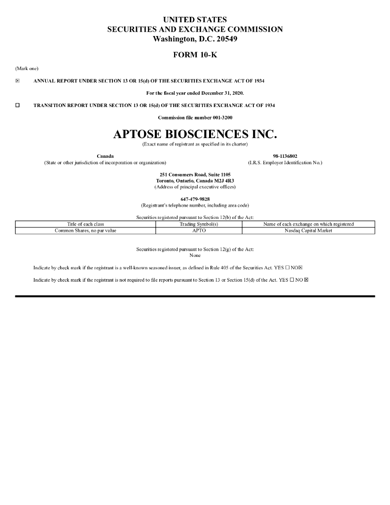 Aptose Biosciences Inc.（APS）2020财年年度报告（英文版）