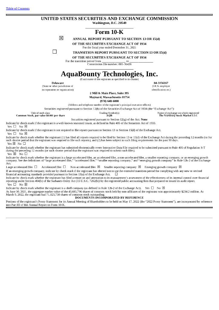 AquaBounty Technologies, Inc.（AQB）2021财年年度报告（英文版）