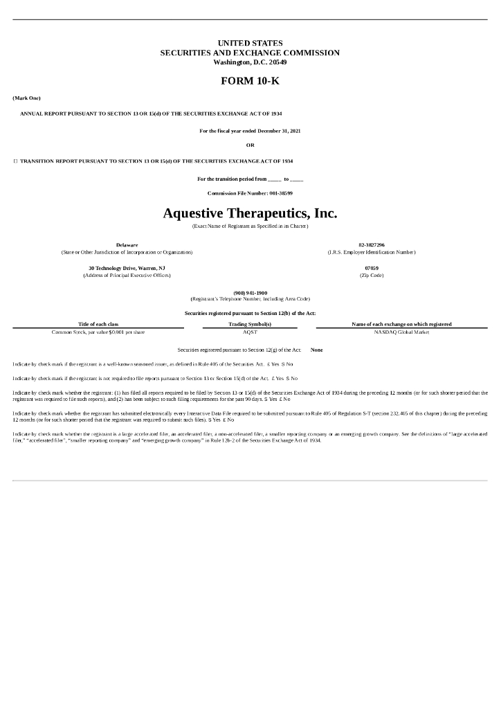 Aquestive Therapeutics, Inc.（AQST）2021财年年度报告（英文版）