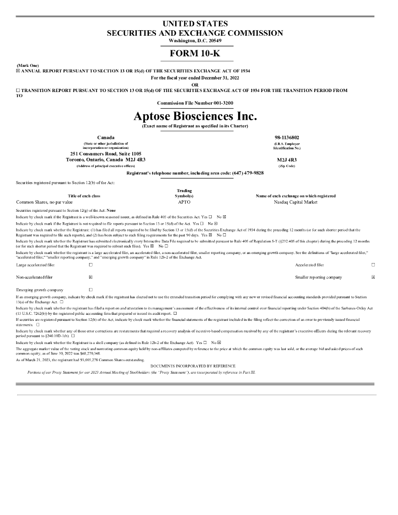 Aptose Biosciences Inc.（APS）2022财年年度报告（英文版）