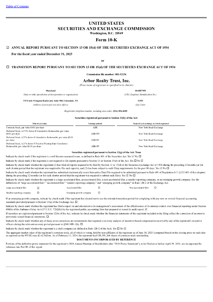 Arbor Realty Trust Inc.（ABR）2023财年年度报告（英文版）