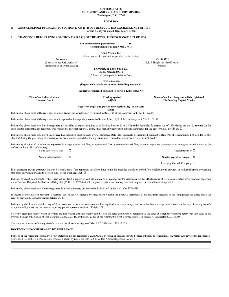 Aqua Metals, Inc.（AQMS）2023财年年度报告（英文版）