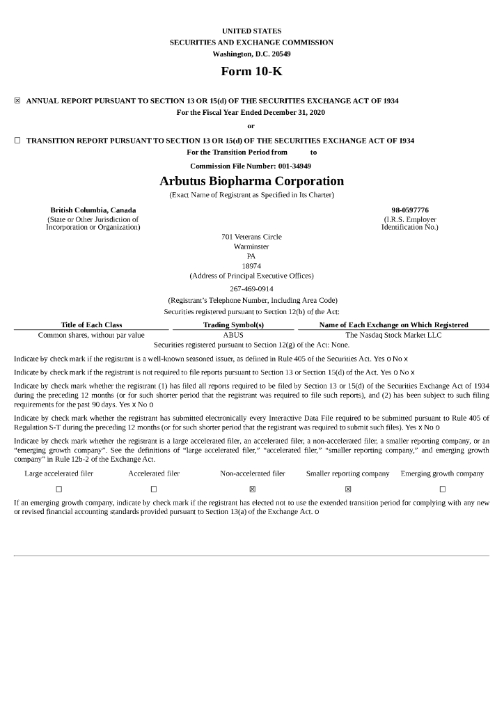 Arbutus Biopharma Corporation（ABUS）2020财年年度报告（英文版）