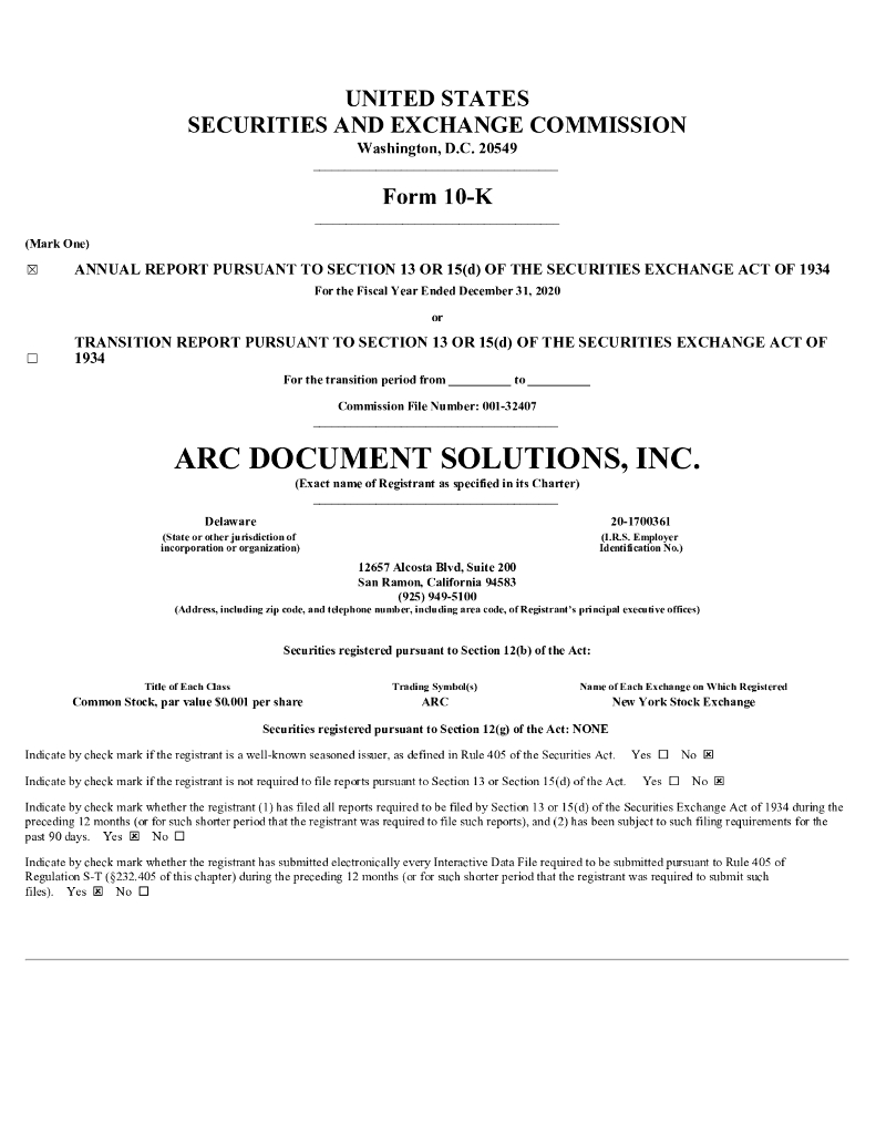 ARC Document Solutions Inc（ARC）2020财年年度报告（英文版）