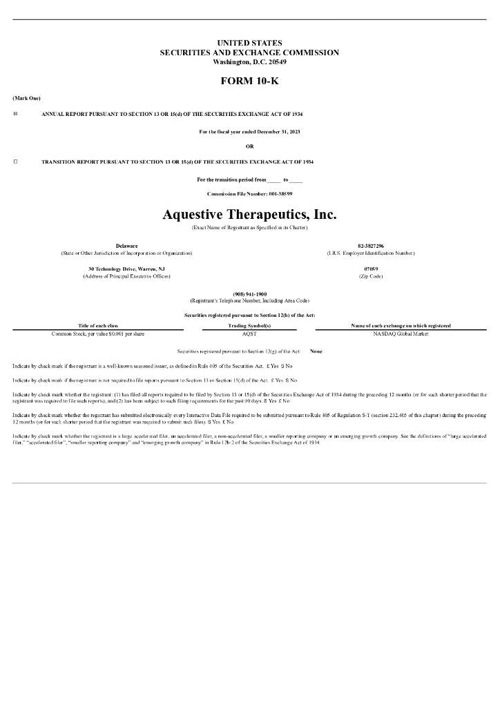 Aquestive Therapeutics, Inc.（AQST）2023财年年度报告（英文版）