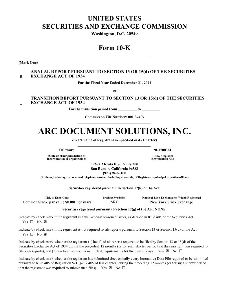ARC Document Solutions Inc（ARC）2022财年年度报告（英文版）
