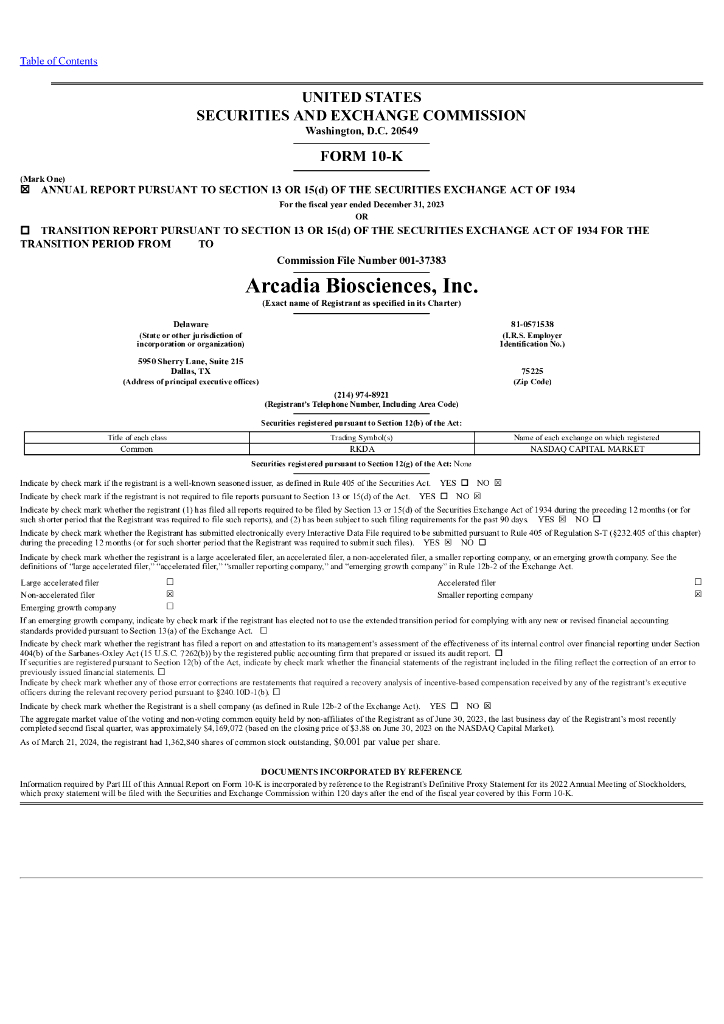 Arcadia Biosciences（RKDA）2023财年年度报告（英文版）