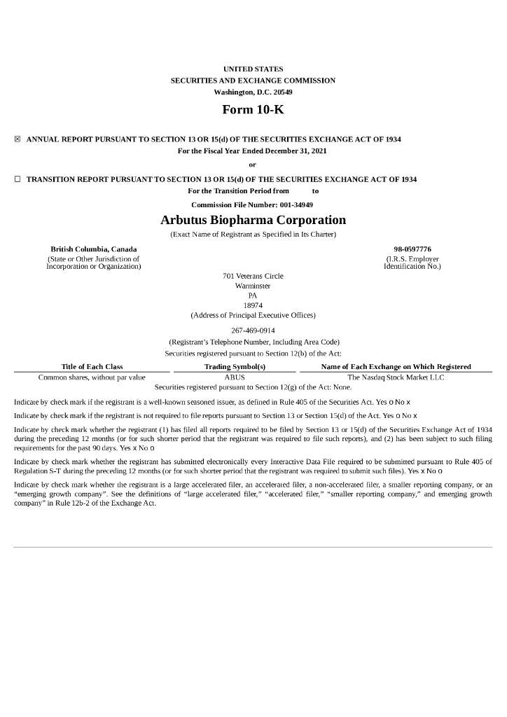 Arbutus Biopharma Corporation（ABUS）2021财年年度报告（英文版）