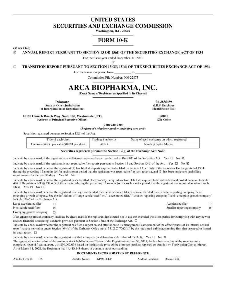 ARCA biopharma, Inc.（ABIO）2021财年年度报告（英文版）