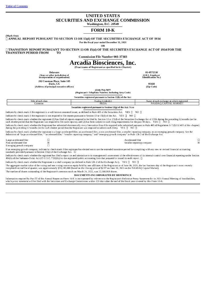 Arcadia Biosciences（RKDA）2021财年年度报告（英文版）