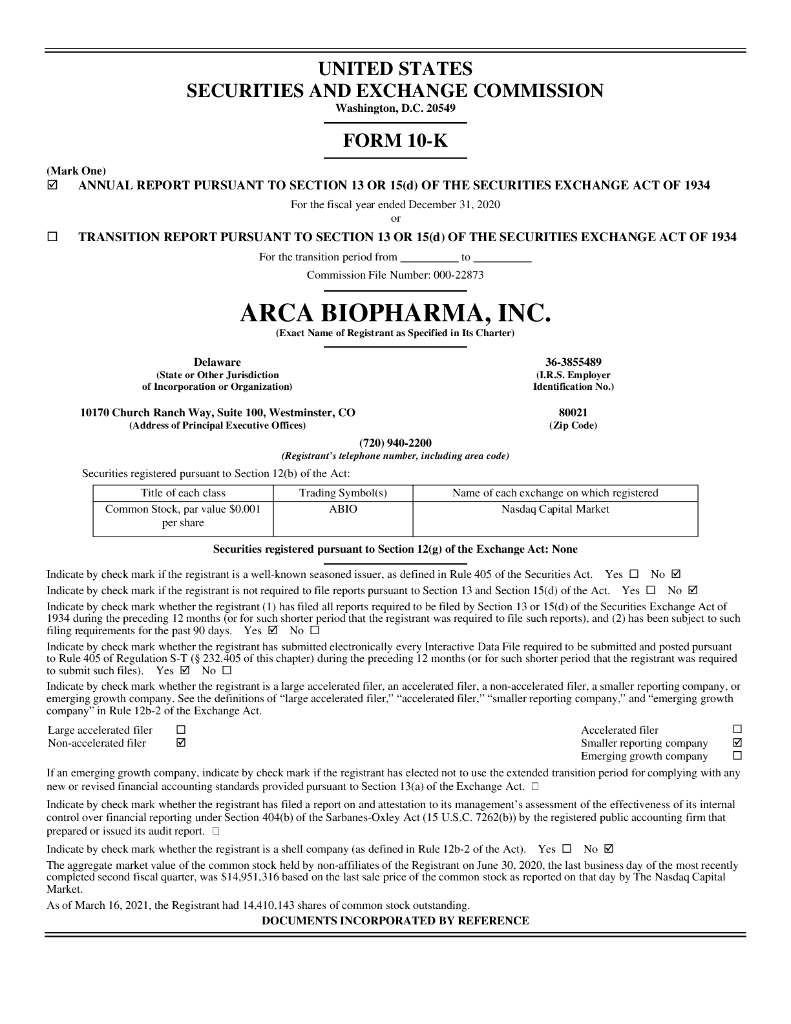 ARCA biopharma, Inc.（ABIO）2020财年年度报告（英文版）