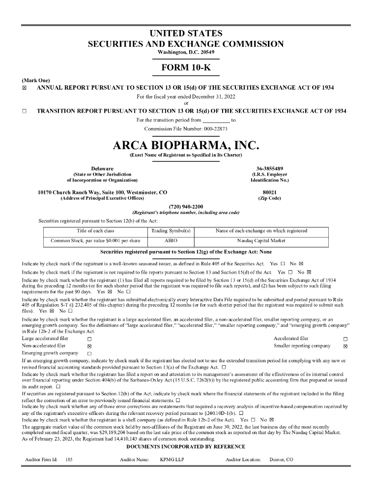 ARCA biopharma, Inc.（ABIO）2022财年年度报告（英文版）