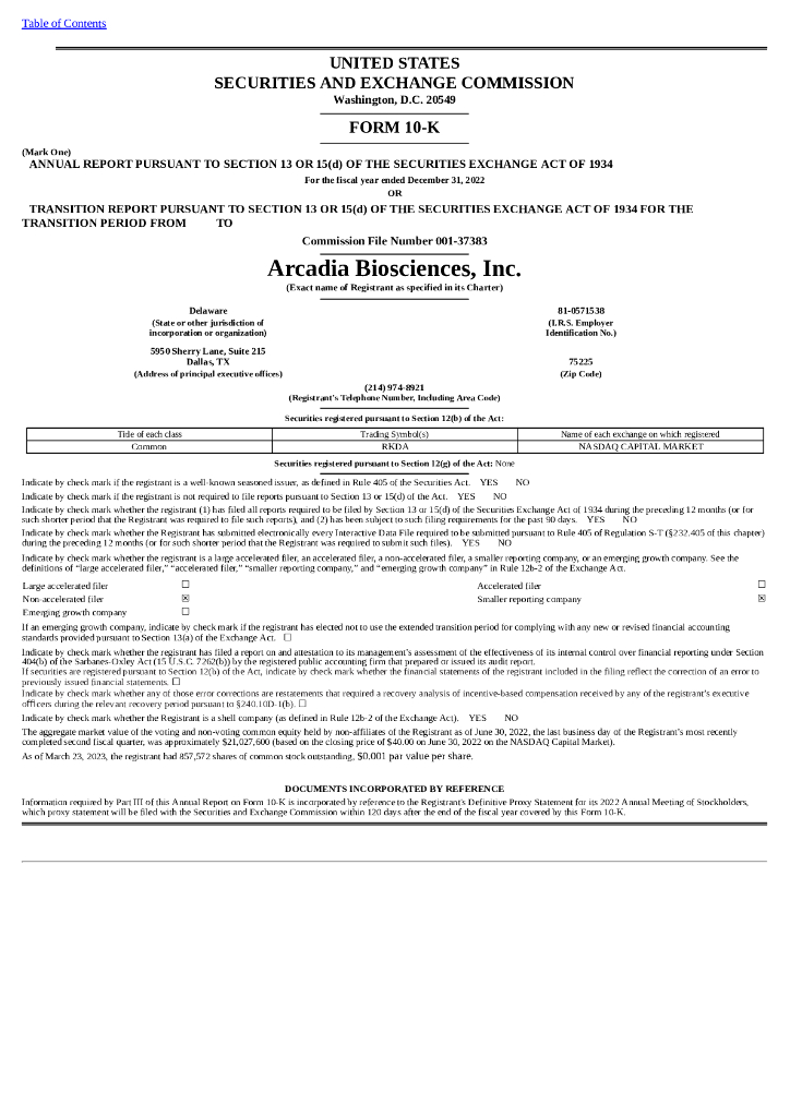 Arcadia Biosciences（RKDA）2022财年年度报告（英文版）