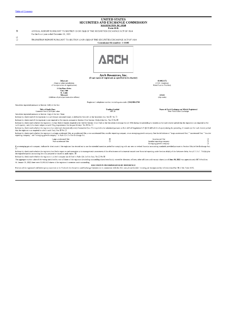 Arch Resources, Inc.（ARCH）2021财年年度报告（英文版）