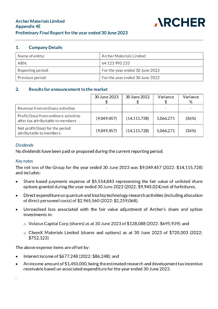 Archer Materials Limited（AXE）2023财年年度报告（英文版）
