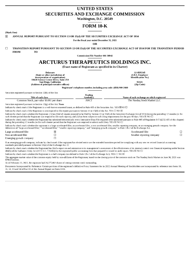 Arcturus Therapeutics Holdings Inc.（ARCT）2021财年年度报告（英文版）