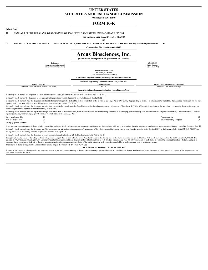 Arcus Biosciences, Inc.（RCUS）2020财年年度报告（英文版）