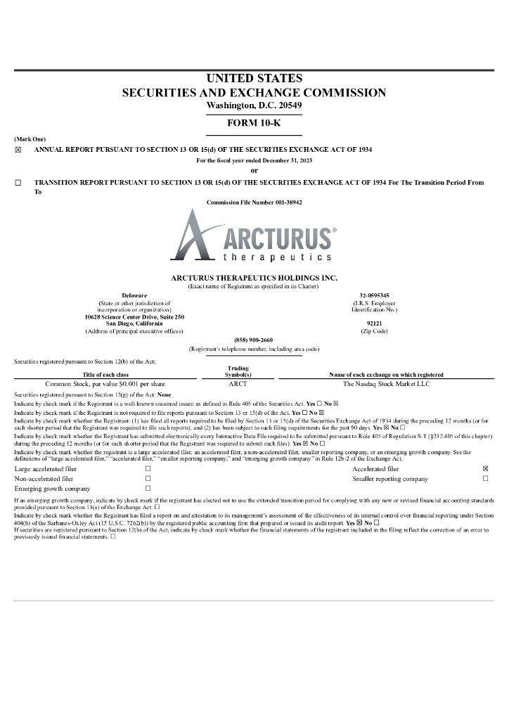 Arcturus Therapeutics Holdings Inc.（ARCT）2023财年年度报告（英文版）