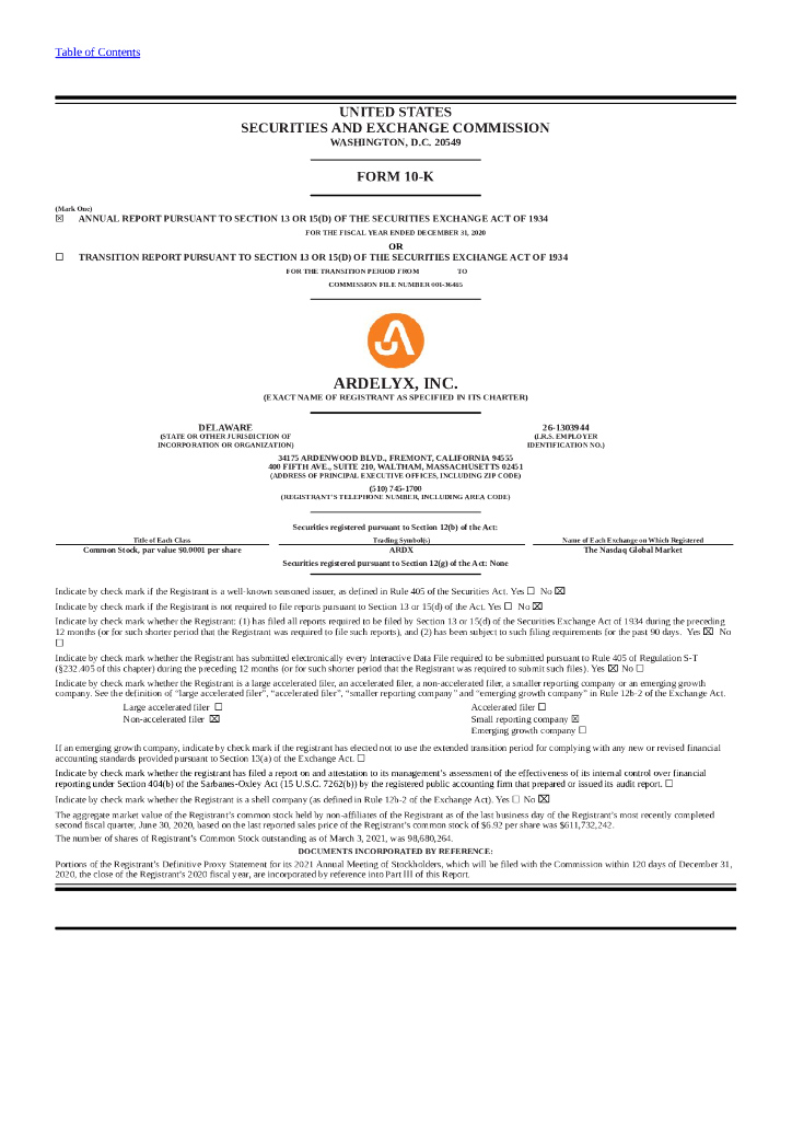Ardelyx Inc（ARDX）2020财年年度报告（英文版）