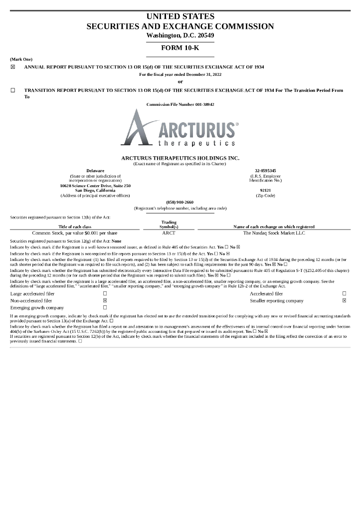 Arcturus Therapeutics Holdings Inc.（ARCT）2022财年年度报告（英文版）