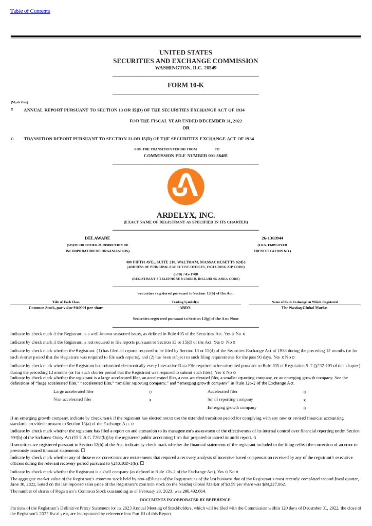 Ardelyx Inc（ARDX）2022财年年度报告（英文版）