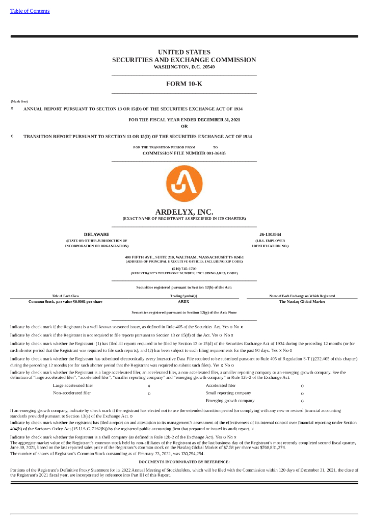 Ardelyx Inc（ARDX）2021财年年度报告（英文版）