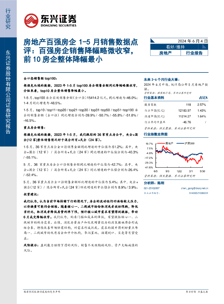 东兴证券：房地产百强房企1-5月销售数据点评：百强房企销售降幅略微收窄，前10房企整体降幅最小