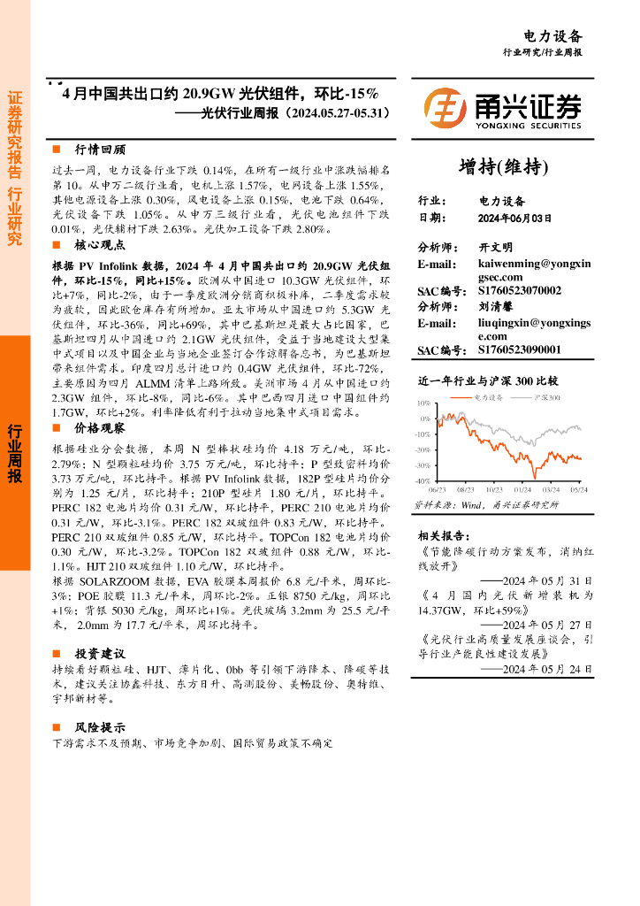 甬兴证券：光伏行业周报：4月中国共出口约20.9GW光伏组件，环比-15%
