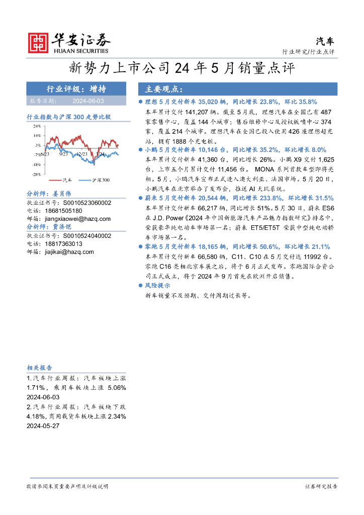 华安证券：汽车：新势力上市公司24年5月销量点评