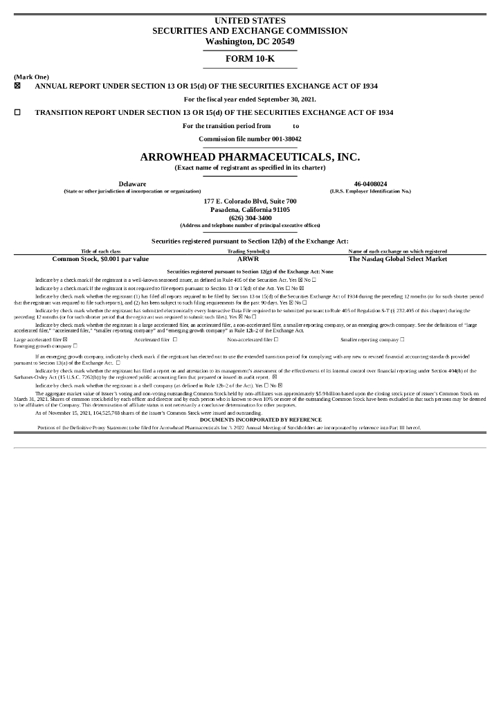 Arrowhead Pharmaceuticals, Inc.（ARWR）2021财年年度报告（英文版）
