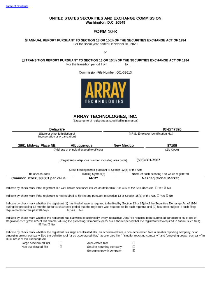Array Technologies, Inc.（ARRY）2020财年年度报告（英文版）