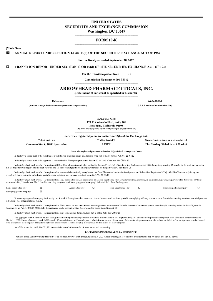 Arrowhead Pharmaceuticals, Inc.（ARWR）2022财年年度报告（英文版）