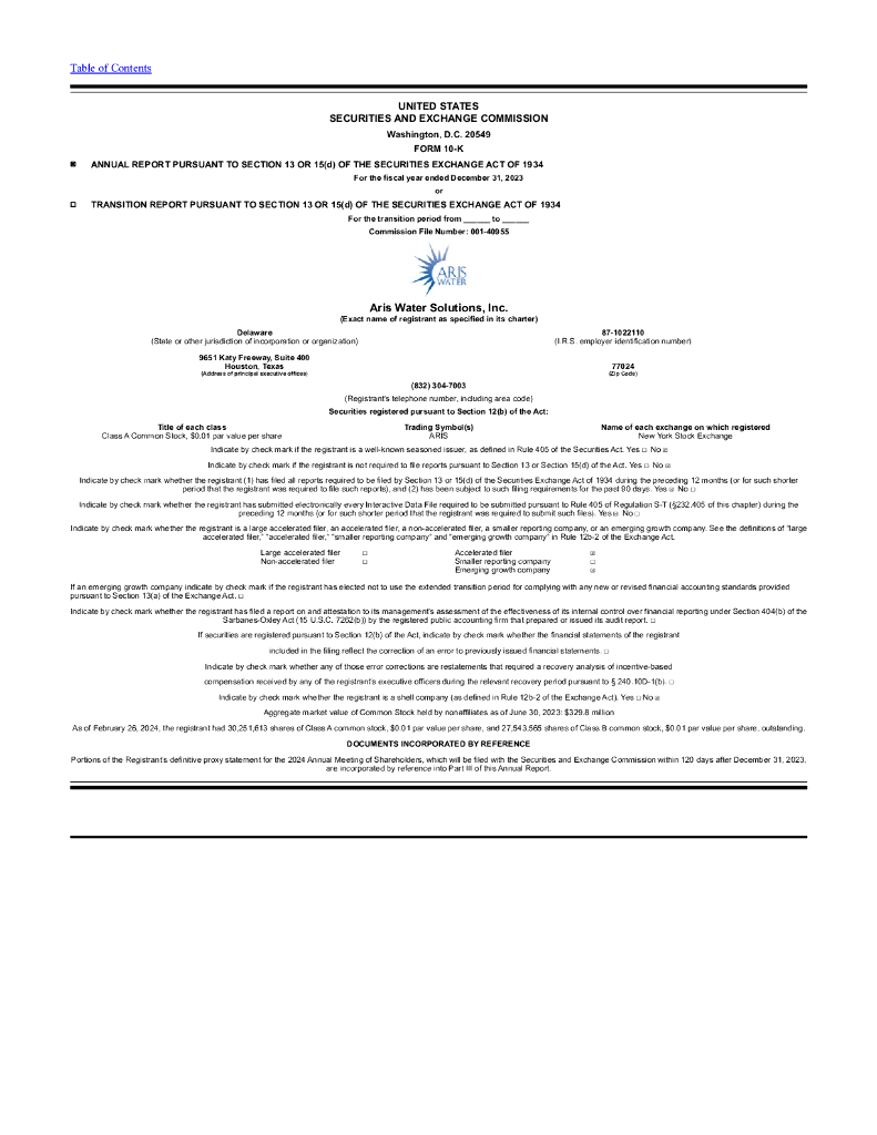 Aris Water Solutions, Inc.（ARIS）2023财年年度报告（英文版）