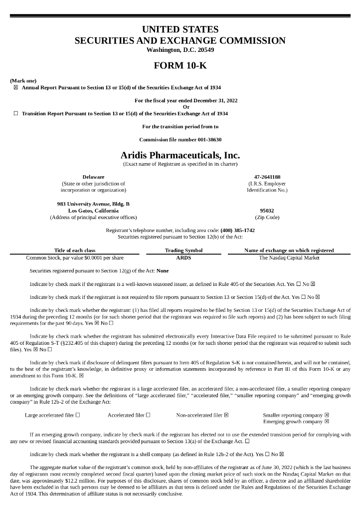 Aridis Pharmaceuticals Inc.（ARDS）2022财年年度报告（英文版）