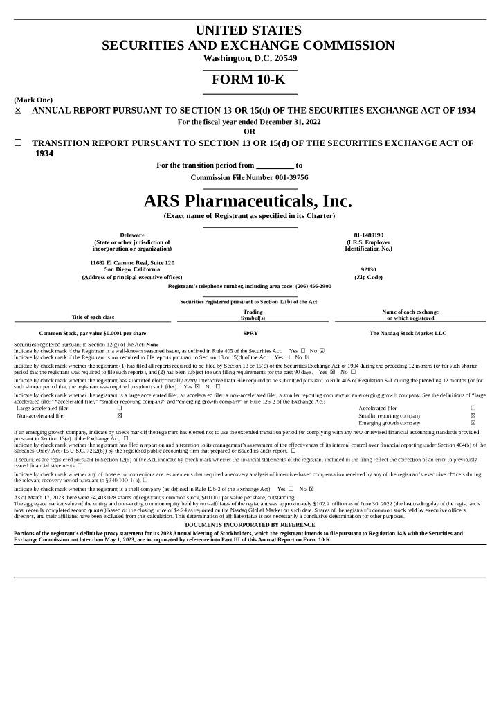 ARS Pharmaceuticals, Inc.（SPRY）2022财年年度报告（英文版）