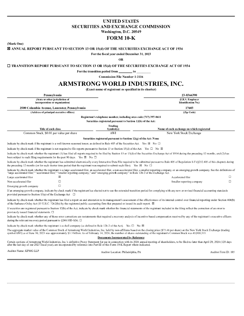 Armstrong World Industries, Inc.（AWI）2023财年年度报告（英文版）