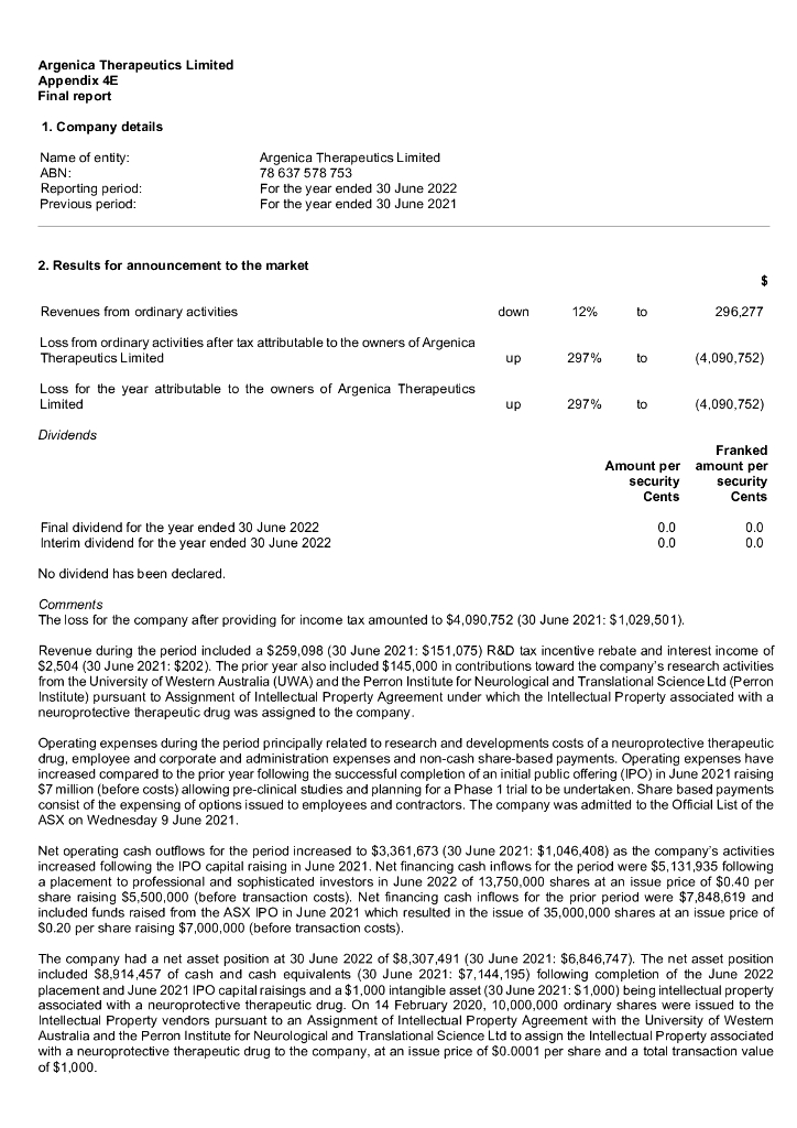 Argenica Therapeutics（AGN）2022财年年度报告（英文版）