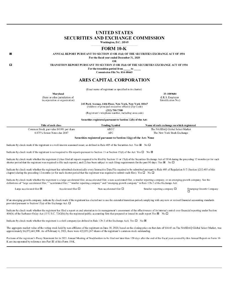 Ares Capital Corporation（ARCC）2020财年年度报告（英文版）