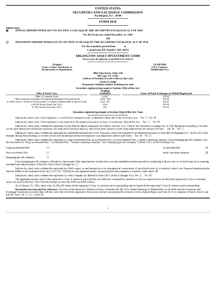 Arlington Asset Investment Corp.（AAIC）2020财年年度报告（英文版）