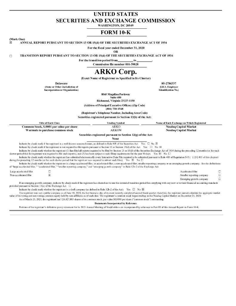 Arko Corp.（ARKO）2020财年年度报告（英文版）