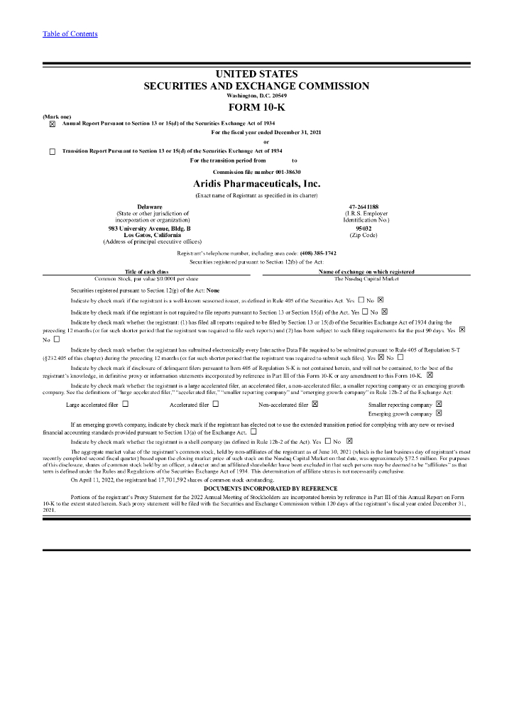 Aridis Pharmaceuticals Inc.（ARDS）2021财年年度报告（英文版）