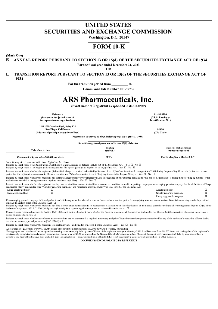 ARS Pharmaceuticals, Inc.（SPRY）2023财年年度报告（英文版）