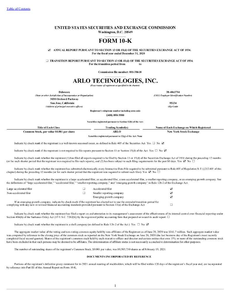 Arlo Technologies, Inc.（ARLO）2020财年年度报告（英文版）