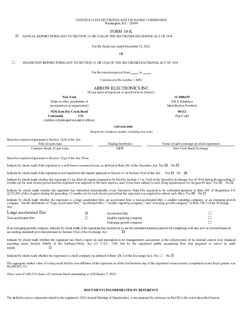 Arrow Electronics Inc.（ARW）2021财年年度报告（英文版）