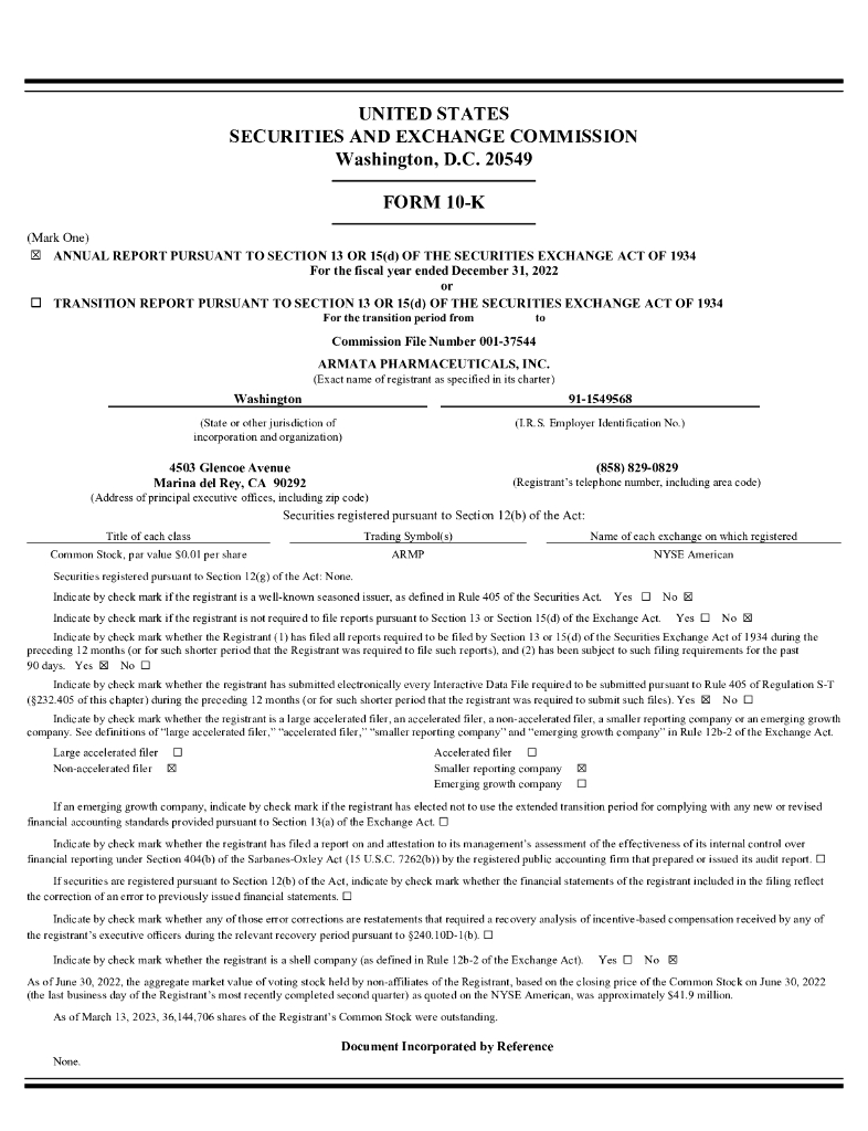 Armata Pharmaceuticals, Inc.（ARMP）2022财年年度报告（英文版）