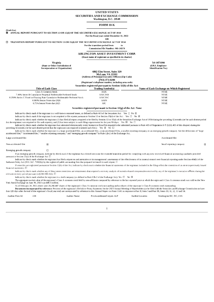 Arlington Asset Investment Corp.（AAIC）2022财年年度报告（英文版）