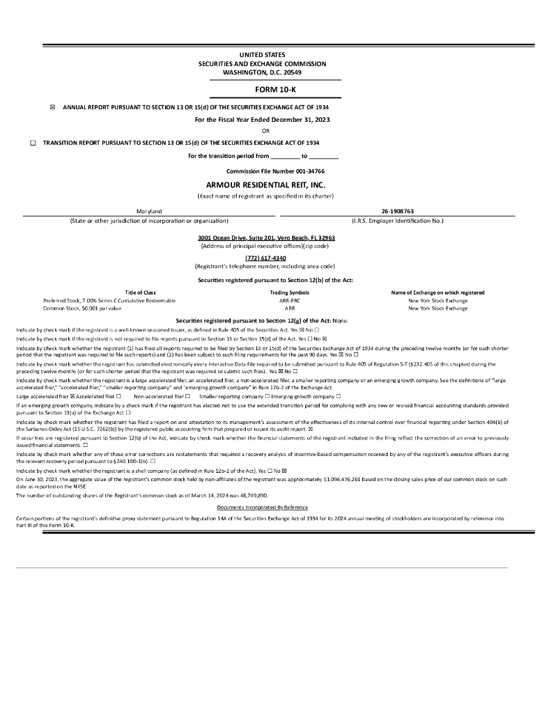 ARMOUR Residential REIT, Inc.（ARR）2023财年年度报告（英文版）